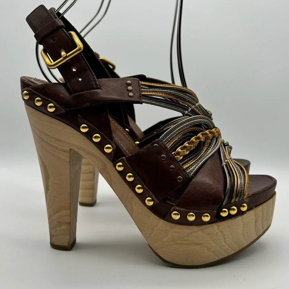Miu Miu 36 Heel Sling Clog Wedge Platform Stud Brown Leather Wood Y2k boho tall - Picture 4 of 15